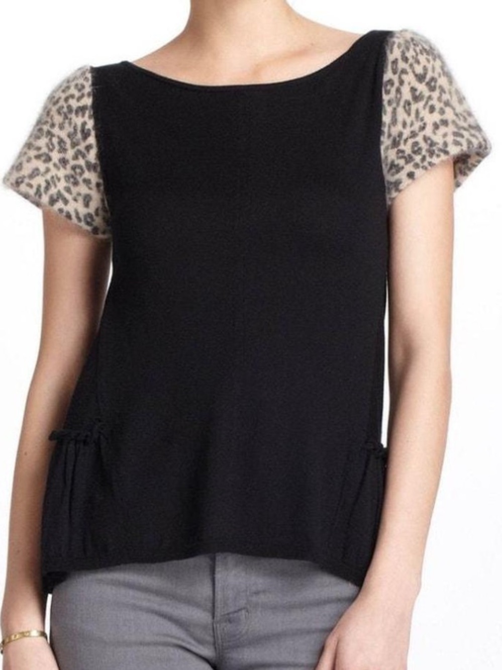 Leifsdottir Anthropologie Black Knit Top with Leopard Sleeves Wool Cashmere